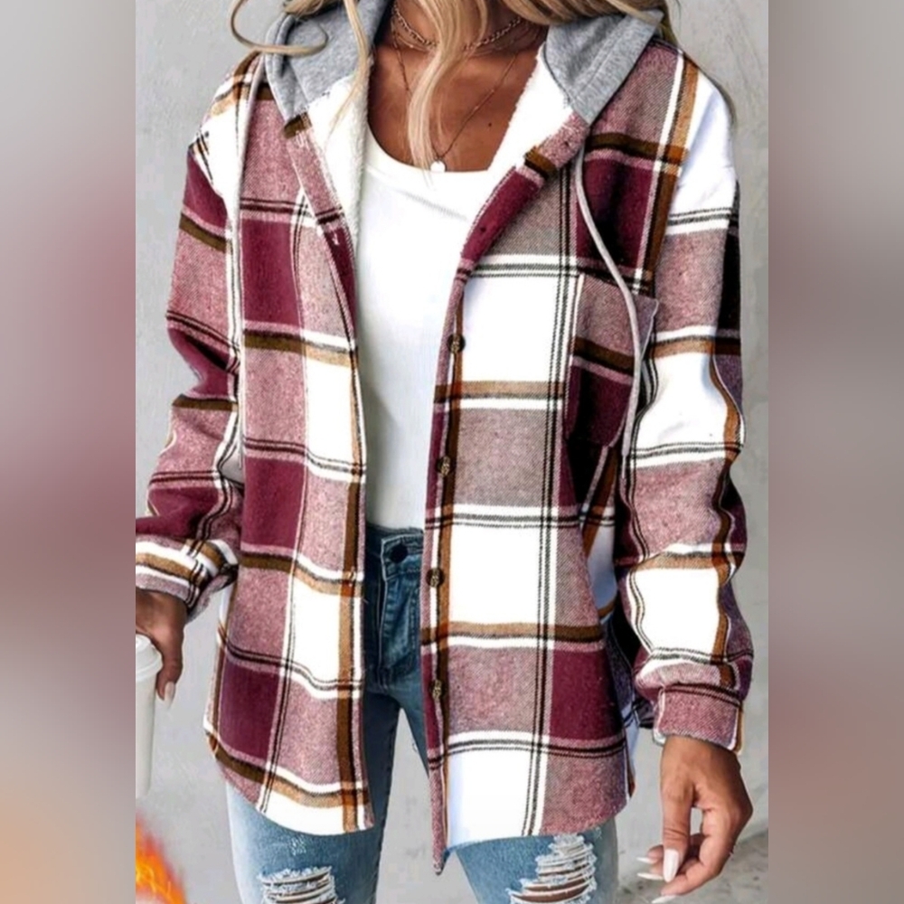 Shein Women's Size Large Red/Black Plaid Hooded Sweatshirt Jacket! Shein NWT